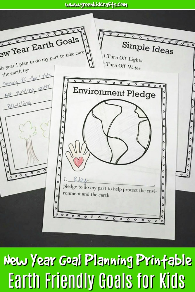 Teach kids to help their environment in the new year with this fun goal planning printable for kids. Kids will pledge to help the earth, set their own goals for the new year, and be given tasks to complete as the year goes on such as planting a seed. #printablesforkids #kidsprintables